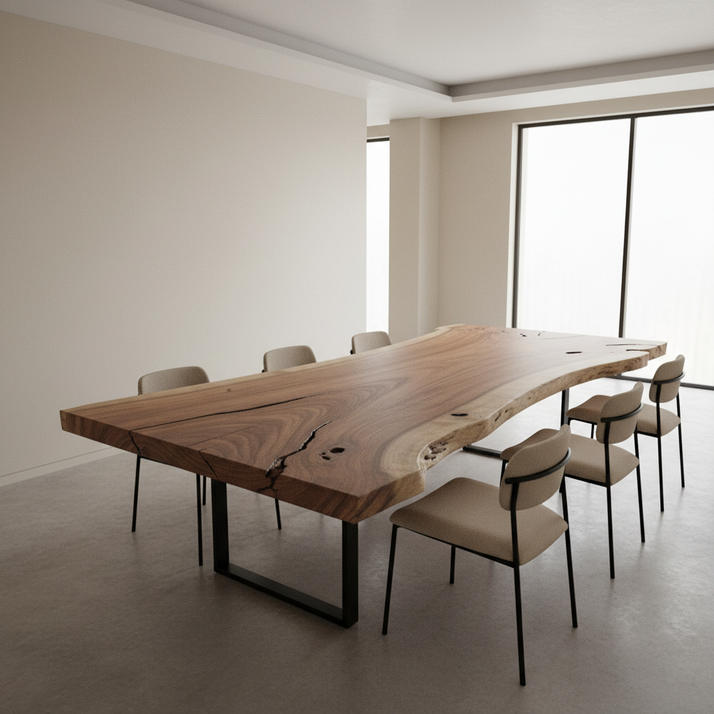 Monkey Pod Suar live edge slab dining table in a high-end modern interior — natural grain, organic edges, minimal black steel base, elegant chairs, architectural visualization