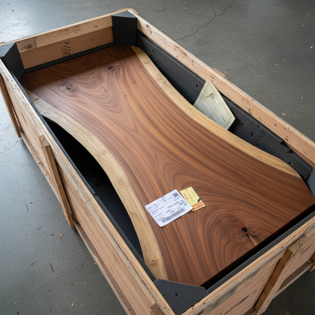 Cajón de exportación abierto mostrando slab de monkey pod con bordes vivos, bloques de espuma negra en esquinas y documentación de exportación en el interior