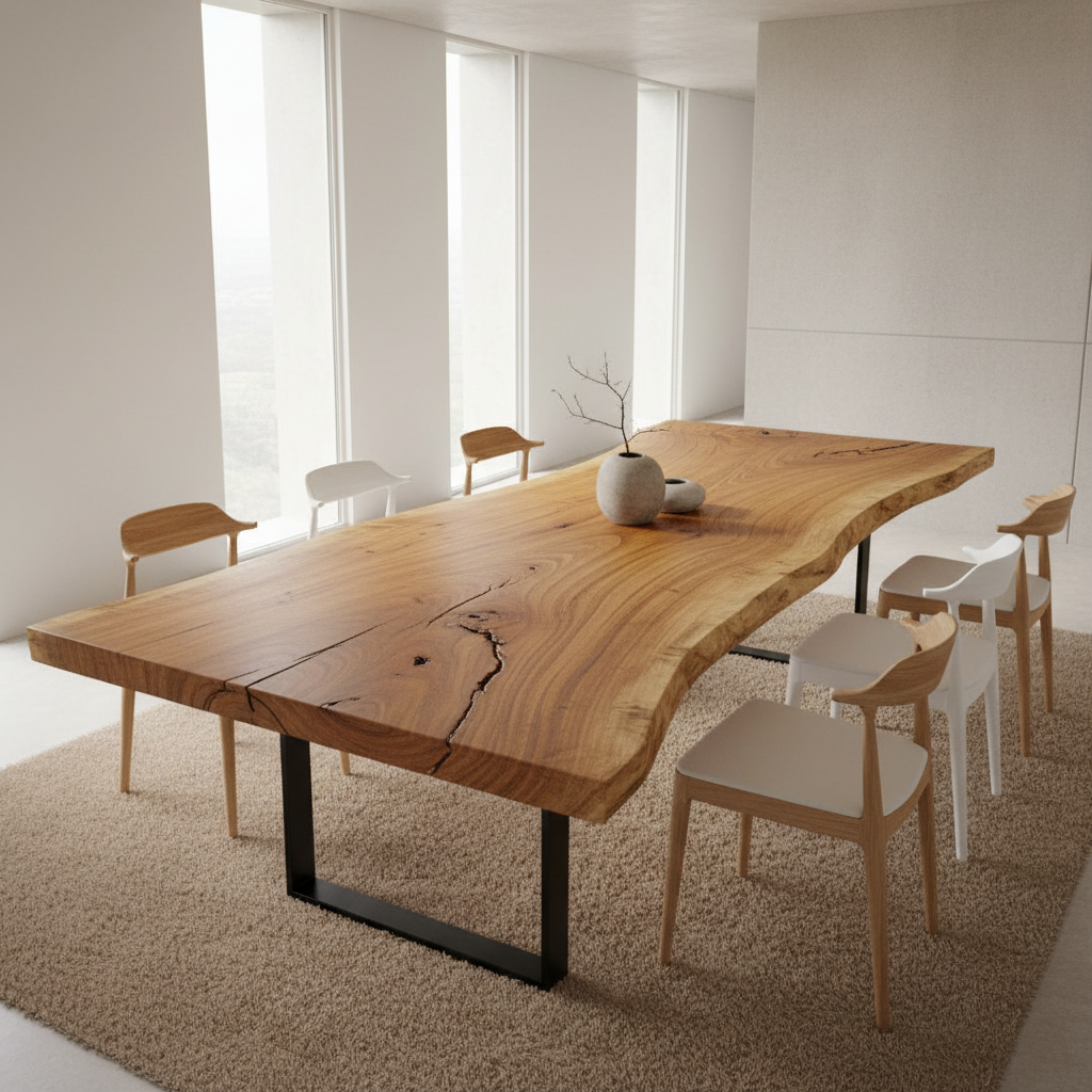 Monkey Pod Suar slab como mesa de comedor en interior de diseño de alto standing — visualización arquitectónica con luz natural, bordes vivos y veta natural visible