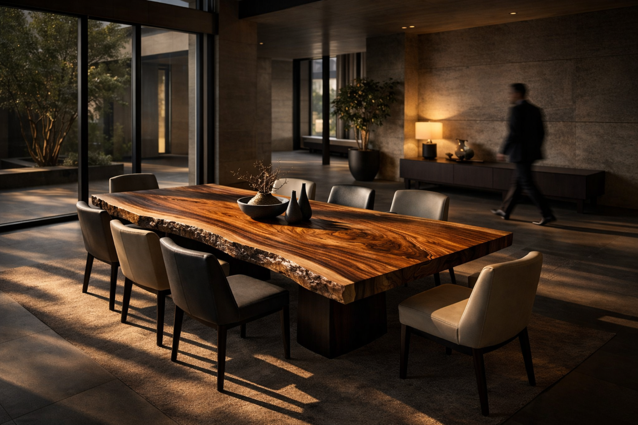 Elegant live-edge wooden dining table with natural grain and raw edges in a luxurious modern interior setting