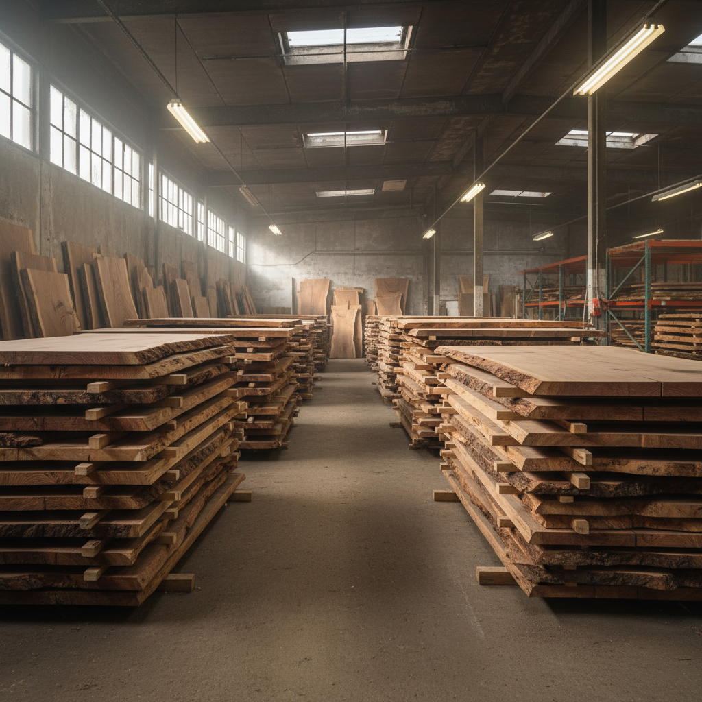 Múltiples slabs de madera tropical apilados y almacenados en nave industrial — vetas naturales, cantos vivos, variación entre piezas, luz natural suave, ambiente profesional y organizado
