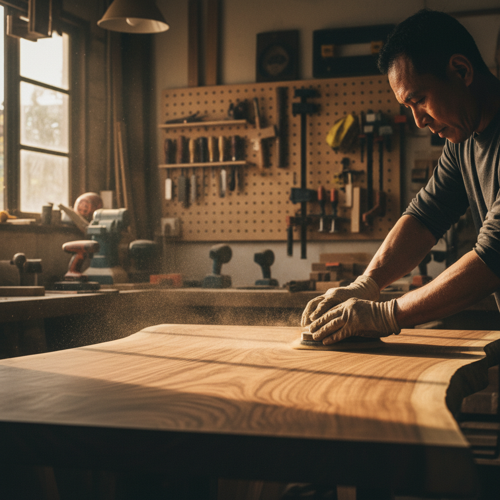 Detalle artesanal del proceso de acabado de un slab de madera Suar — manos de artesano trabajando el borde del tablón con veta visible